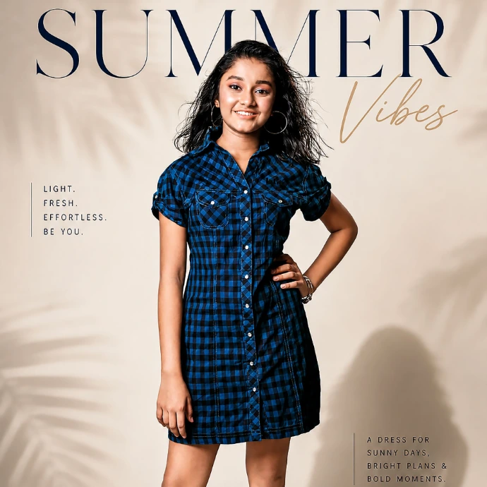 Ridhi Rajak in a modern summer editorial showcasing a blue check shirt dress for a kids fashion campaign and commercial lifestyle photoshoot.