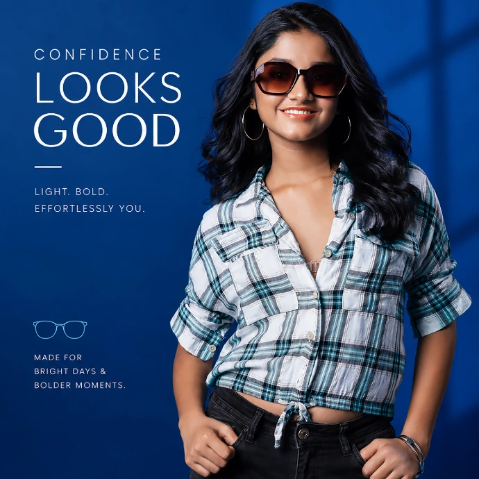 Ridhi Rajak wearing stylish sunglasses during a lifestyle commercial advertisement photoshoot, showcasing a modern fashion look for a creative advertising campaign.
