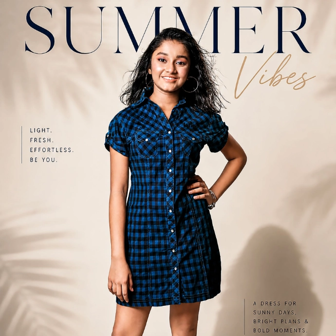 Ridhi Rajak featured in a summer fashion campaign editorial, posing in a blue dress as a kid fashion model and child artist.