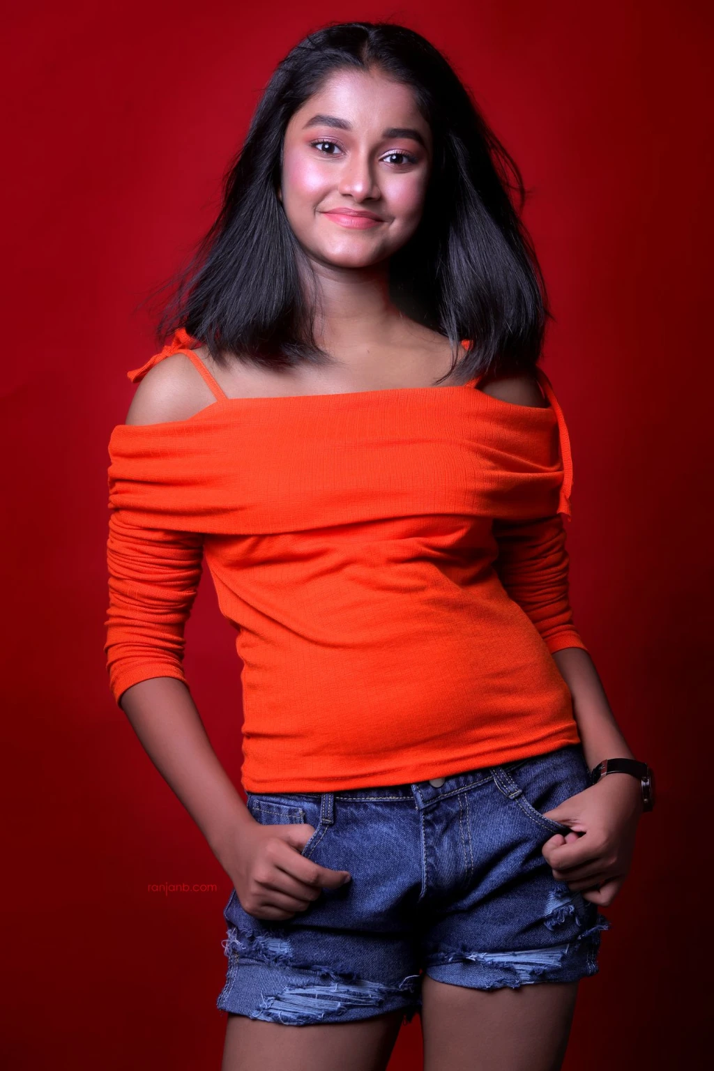 Ridhi Rajak posing in a studio fashion campaign for a kids clothing brand