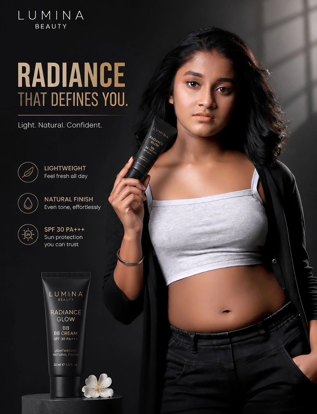 Commercial beauty advertisement campaign featuring Ridhi Rajak Ridhi Rajak featured in a professional commercial beauty advertisement campaign with premium cosmetic branding