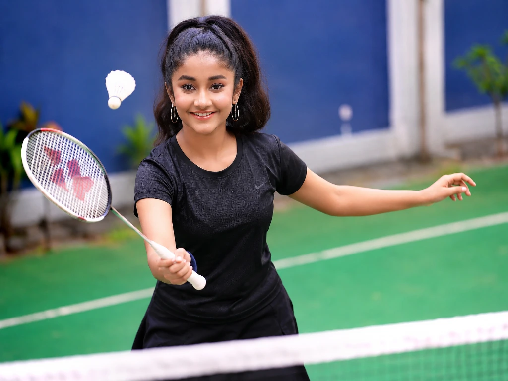Ridhi Rajak playing badminton on an outdoor court with a racket